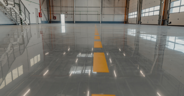 Epoxy and waxed flooring with colorful signage in car service