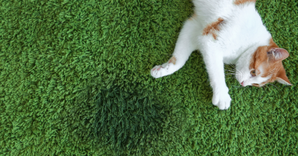 The cat lies on the carpet near the wet spot