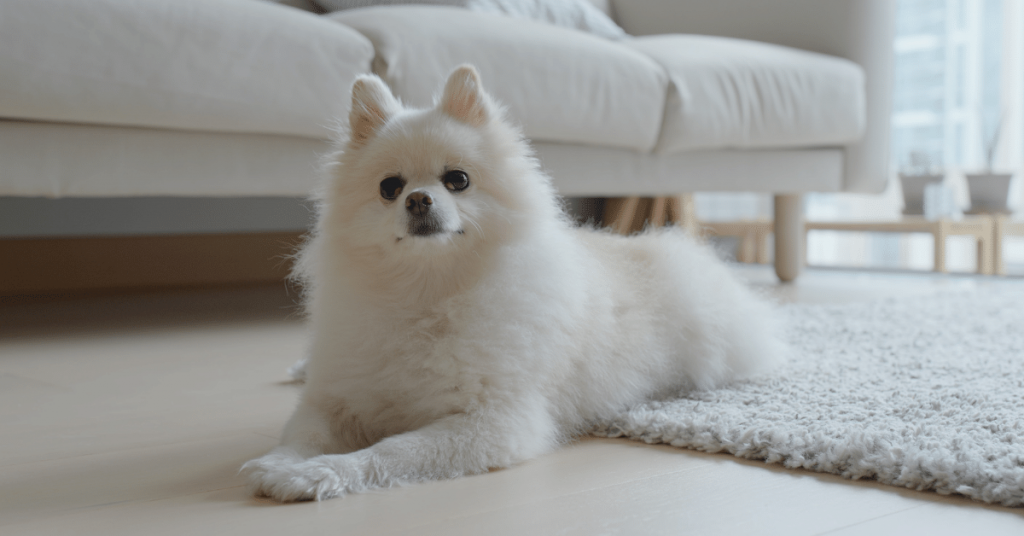 White Pomeranian Dog at Home