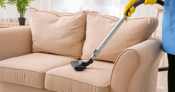 Woman cleaning sofa with vacuum cleaner